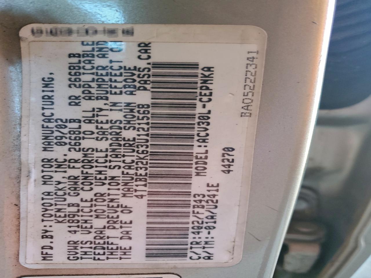 2003 Toyota Camry Le VIN: 4T1BE32K63U121568 Lot: 94217285