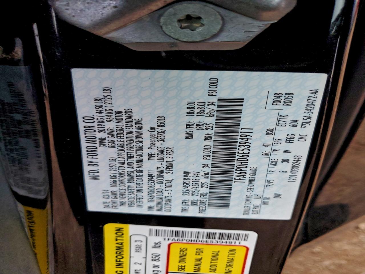 2014 Ford Fusion Se VIN: 1FA6P0HD6E5394911 Lot: 94188575