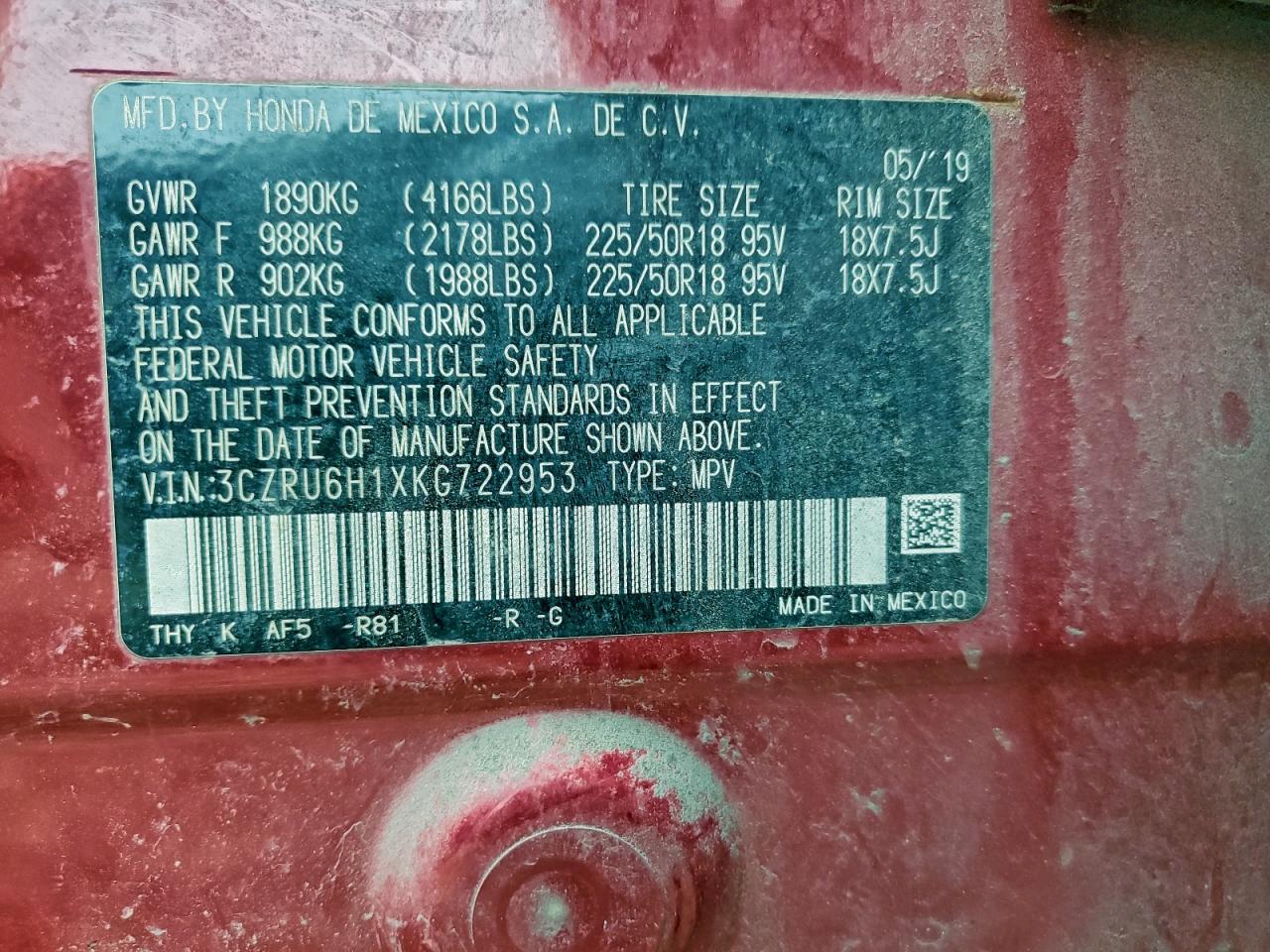 2019 Honda Hr-V Sport VIN: 3CZRU6H1XKG722953 Lot: 94300185