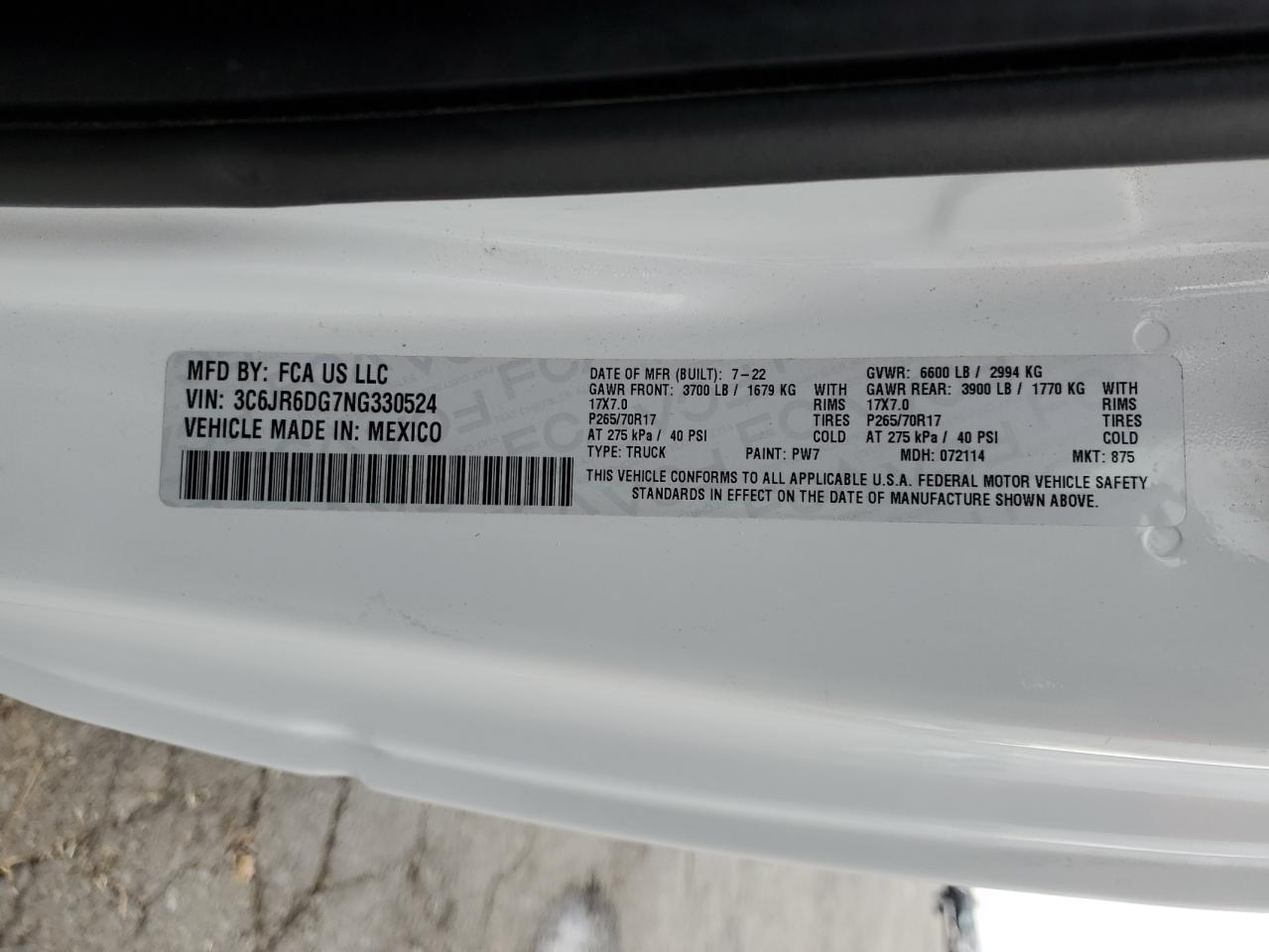 2022 Ram 1500 Classic Tradesman VIN: 3C6JR6DG7NG330524 Lot: 92104965