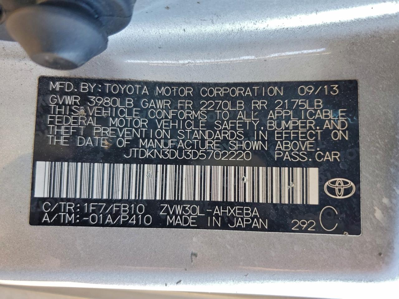 2013 Toyota Prius VIN: JTDKN3DU3D5702220 Lot: 94750365