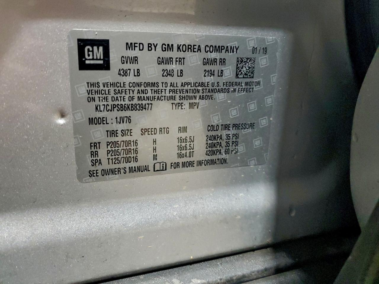 2019 Chevrolet Trax 1Lt VIN: KL7CJPSB6KB839477 Lot: 94547985