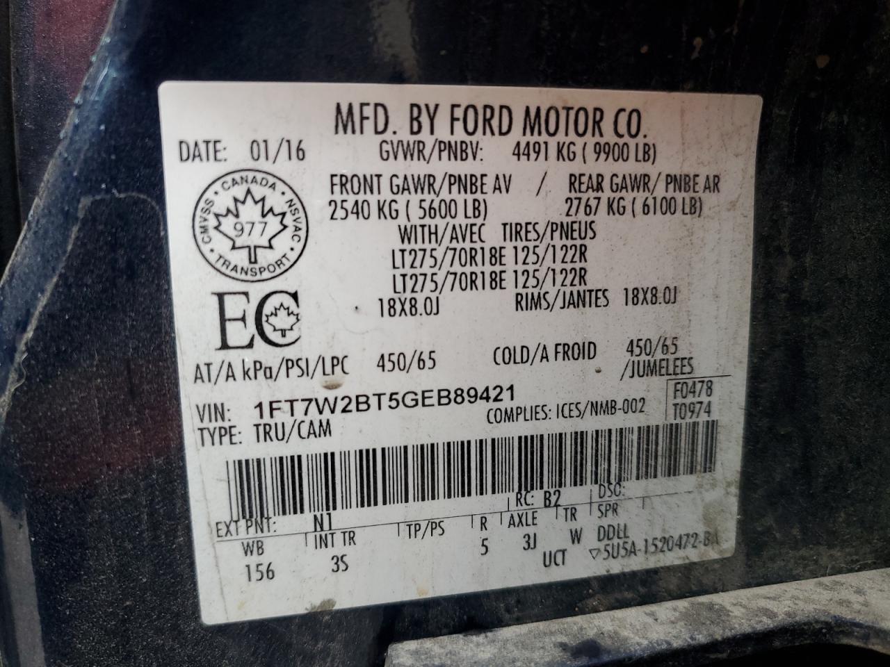 2016 Ford F250 Super Duty VIN: 1FT7W2BT5GEB89421 Lot: 92480135
