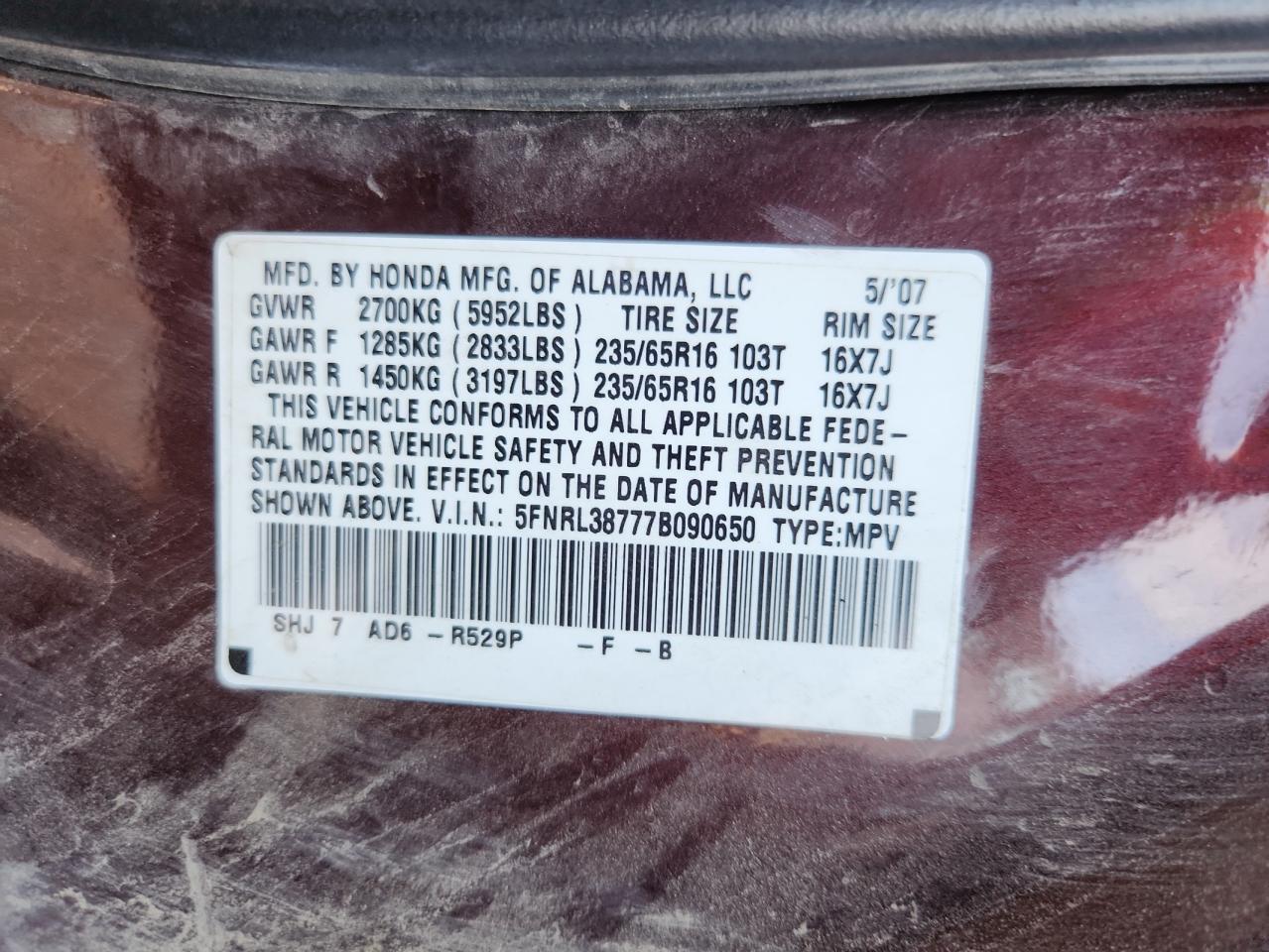 2007 Honda Odyssey Exl VIN: 5FNRL38777B090650 Lot: 91628275