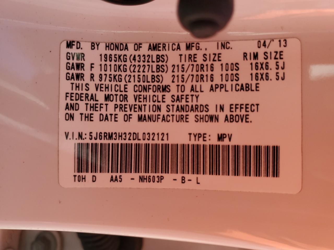 2013 Honda Cr-V Lx VIN: 5J6RM3H32DL032121 Lot: 91356665
