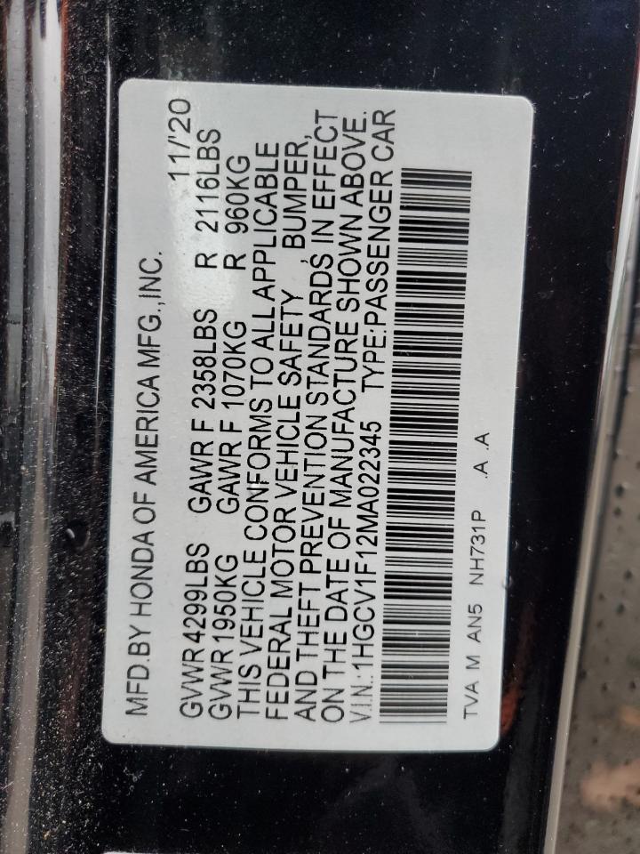 2021 Honda Accord Lx VIN: 1HGCV1F12MA022345 Lot: 93147885