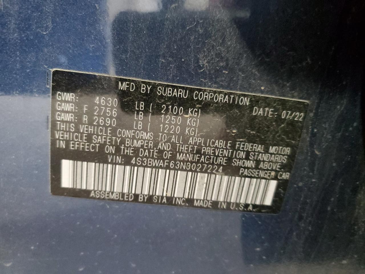 2022 Subaru Legacy Premium VIN: 4S3BWAF63N3027224 Lot: 91628075