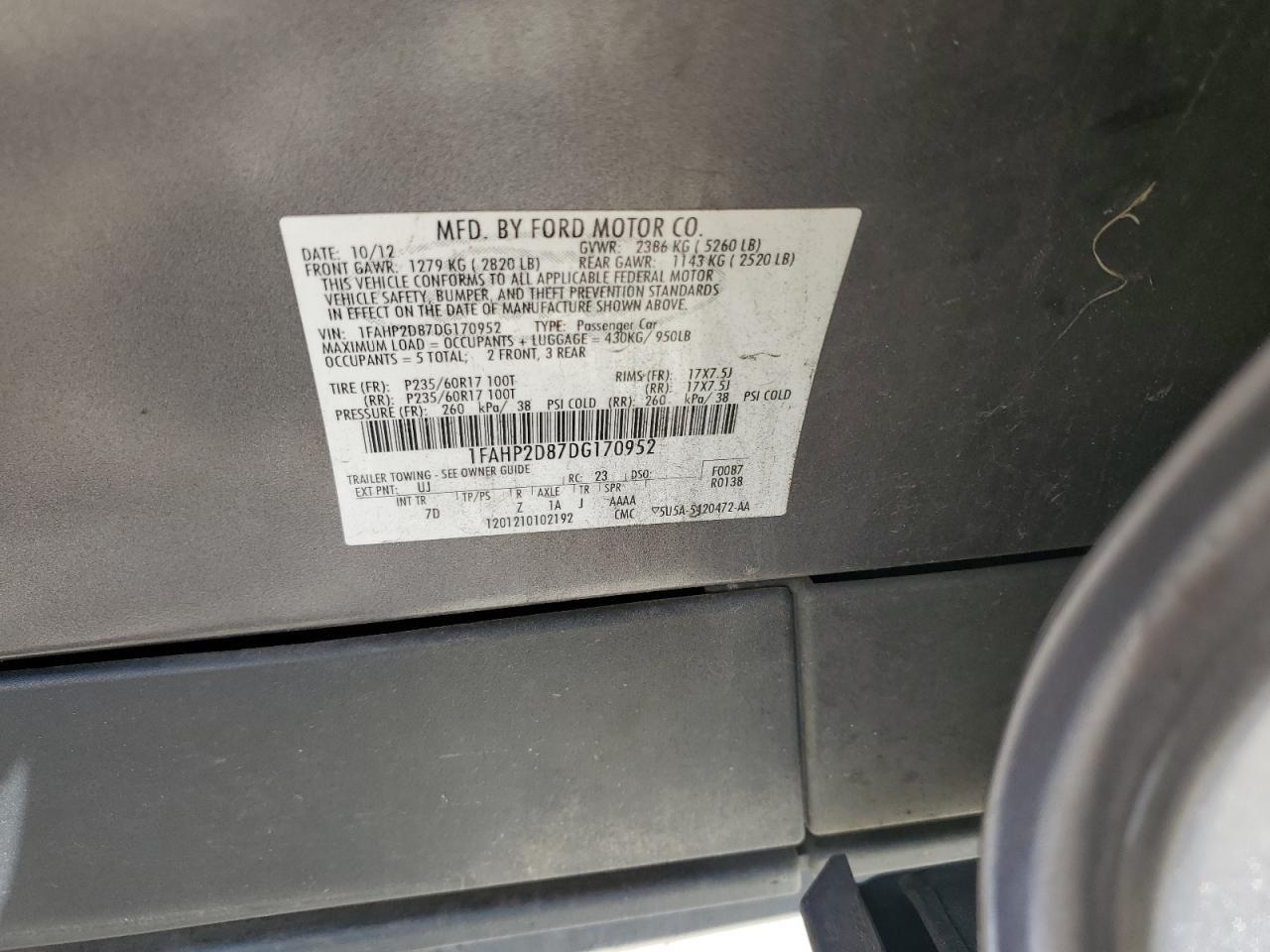 2013 Ford Taurus Se VIN: 1FAHP2D87DG170952 Lot: 91622295