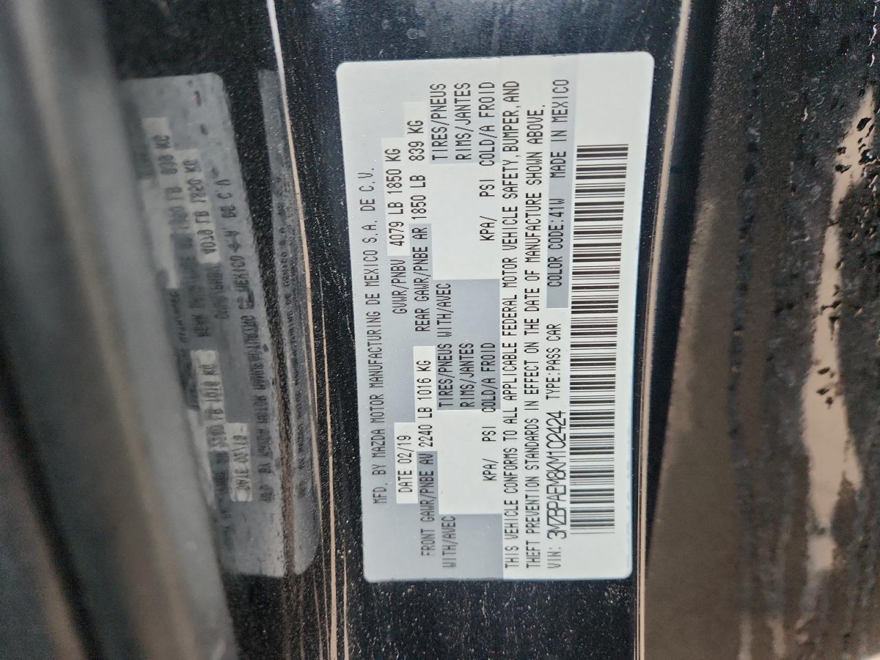 2019 Mazda 3 Premium VIN: 3MZBPAEM8KM102424 Lot: 92884105