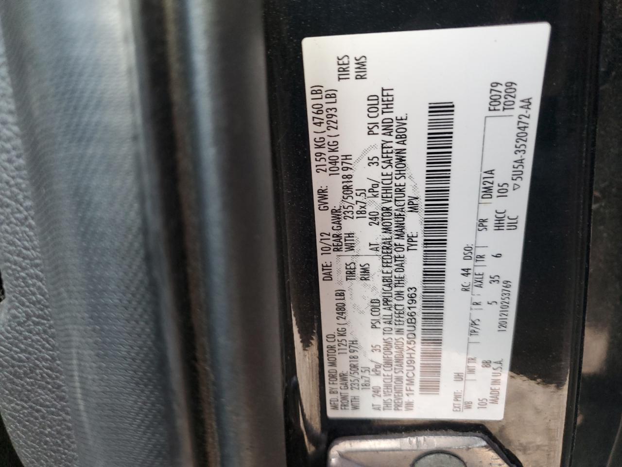 2013 Ford Escape Sel VIN: 1FMCU9HX5DUB61963 Lot: 92678885