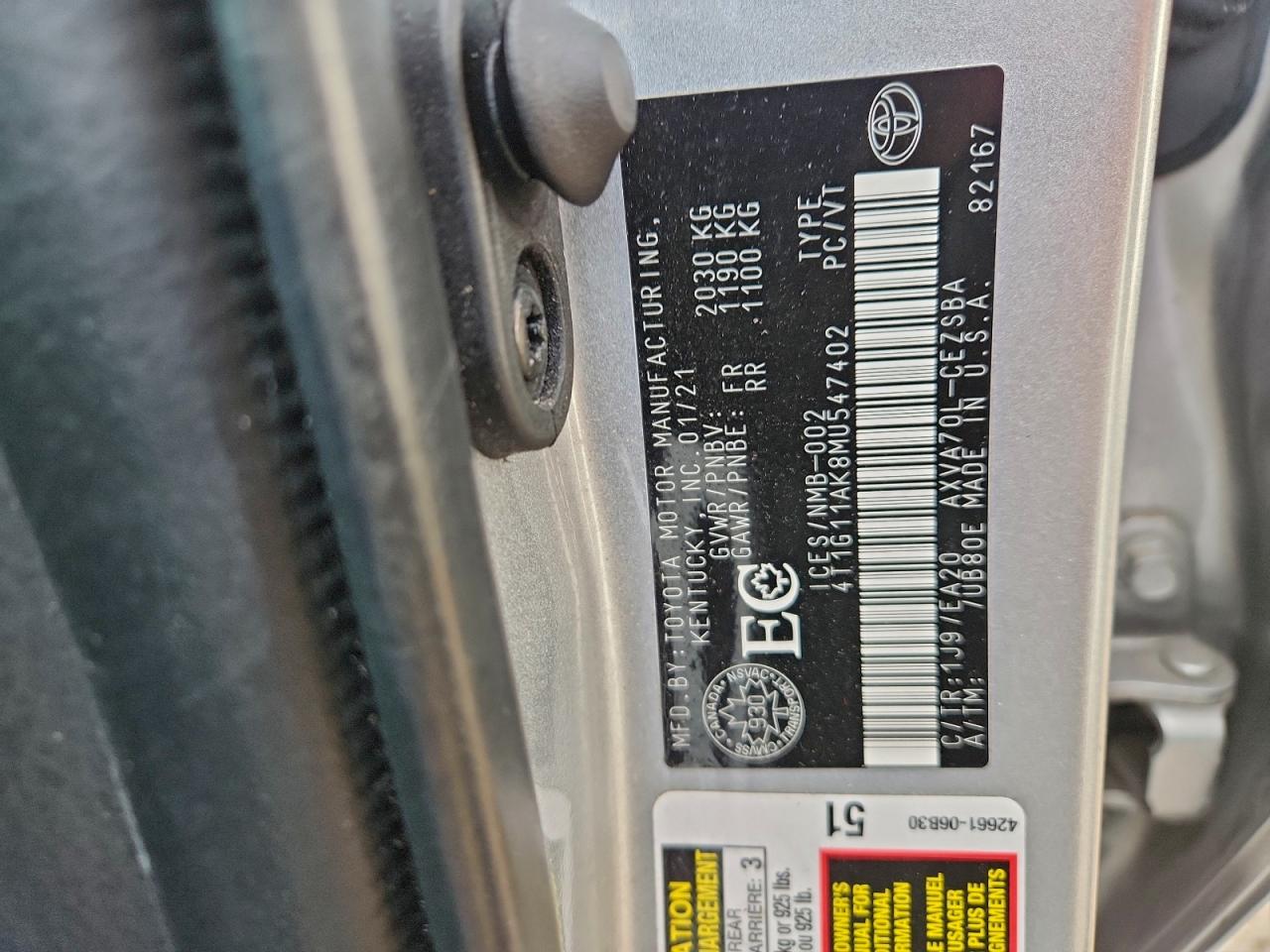 2021 Toyota Camry Se VIN: 4T1G11AK8MU547402 Lot: 92830845