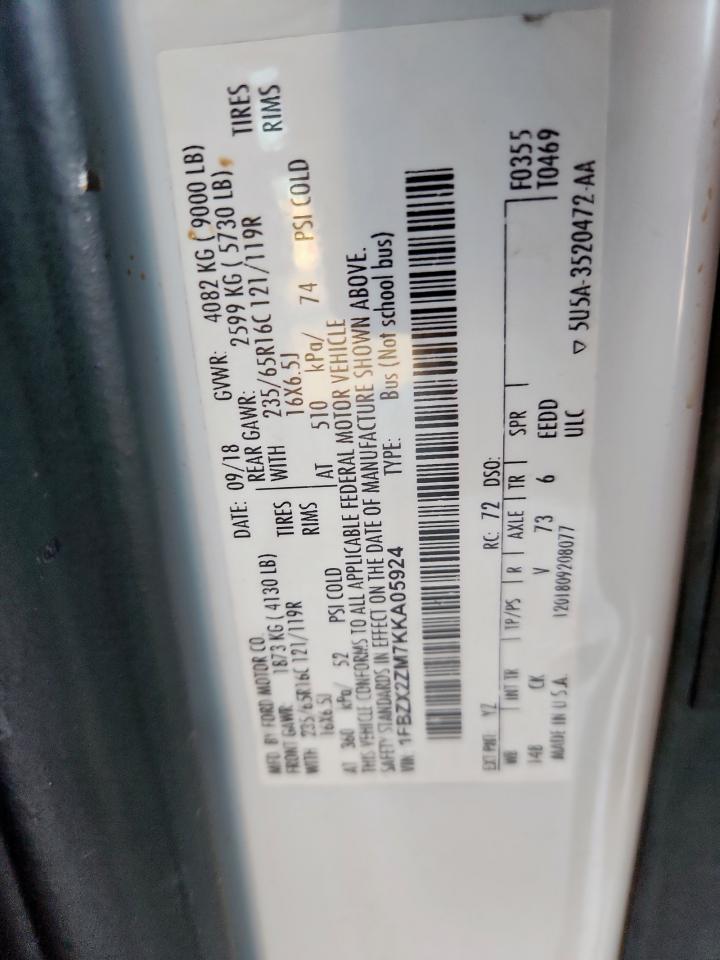 2019 Ford Transit T-350 VIN: 1FBZX2ZM7KKA05924 Lot: 91092855