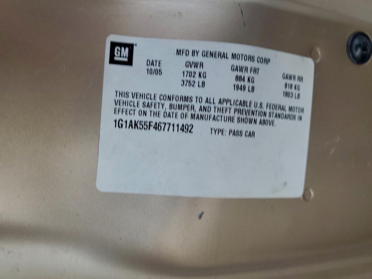 2006 Chevrolet Cobalt Ls VIN: 1G1AK55F467711492 Lot: 94192825