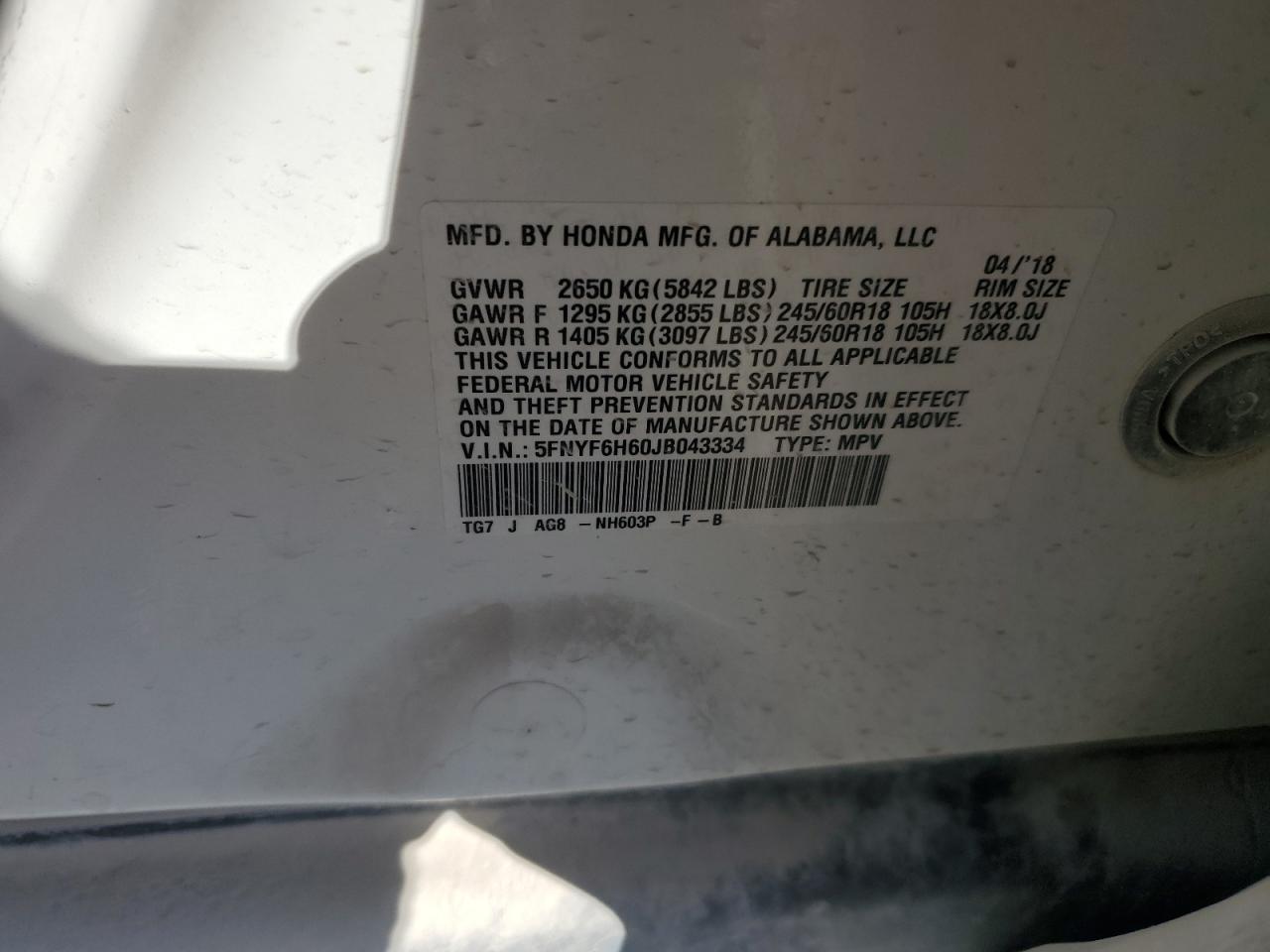 2018 Honda Pilot Exl VIN: 5FNYF6H60JB043334 Lot: 92035645