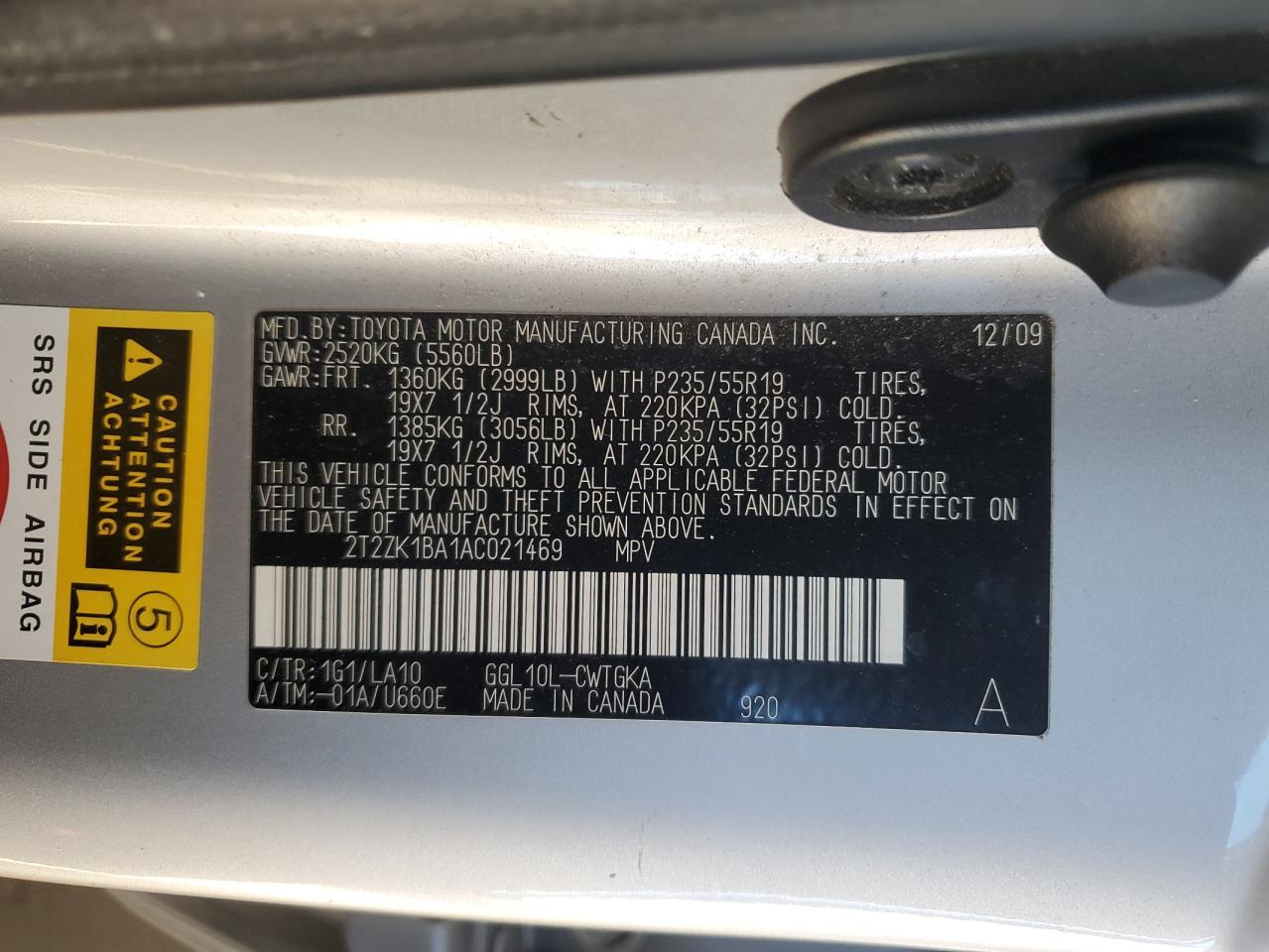 2010 Lexus Rx 350 VIN: 2T2ZK1BA1AC021469 Lot: 90871235