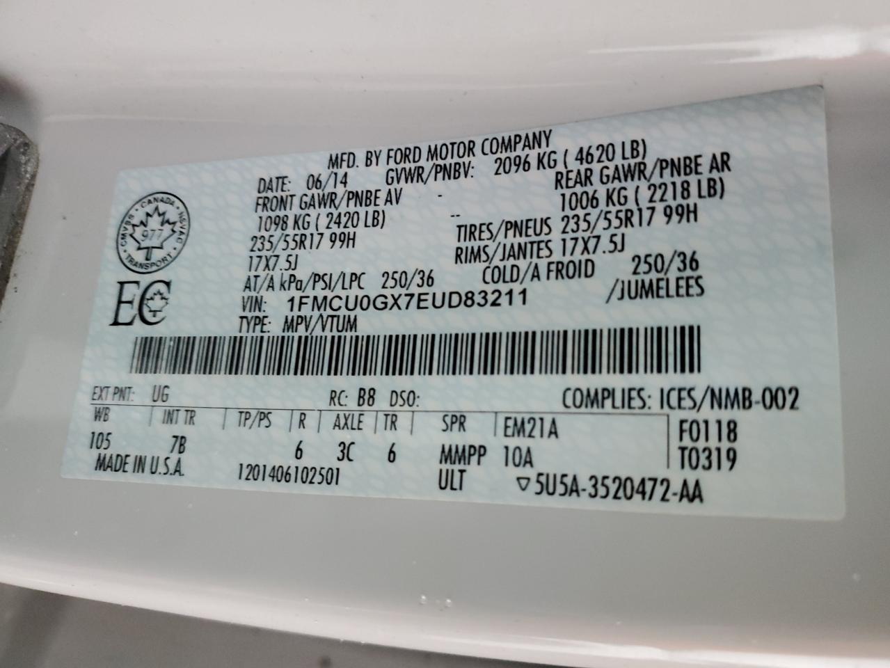 2014 Ford Escape Se VIN: 1FMCU0GX7EUD83211 Lot: 90924965