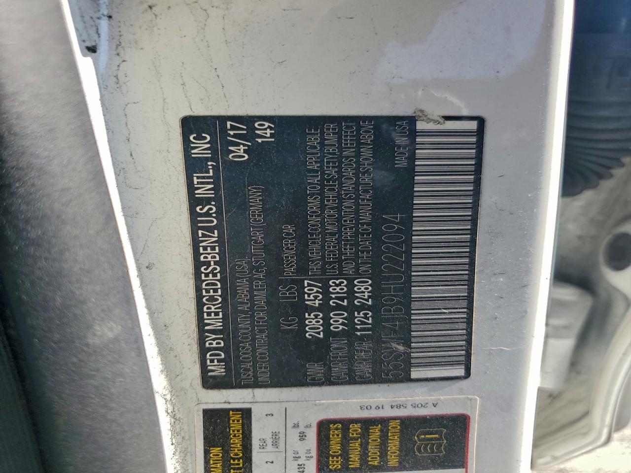 2017 Mercedes-Benz C 300 VIN: 55SWF4JB9HU222094 Lot: 91919035