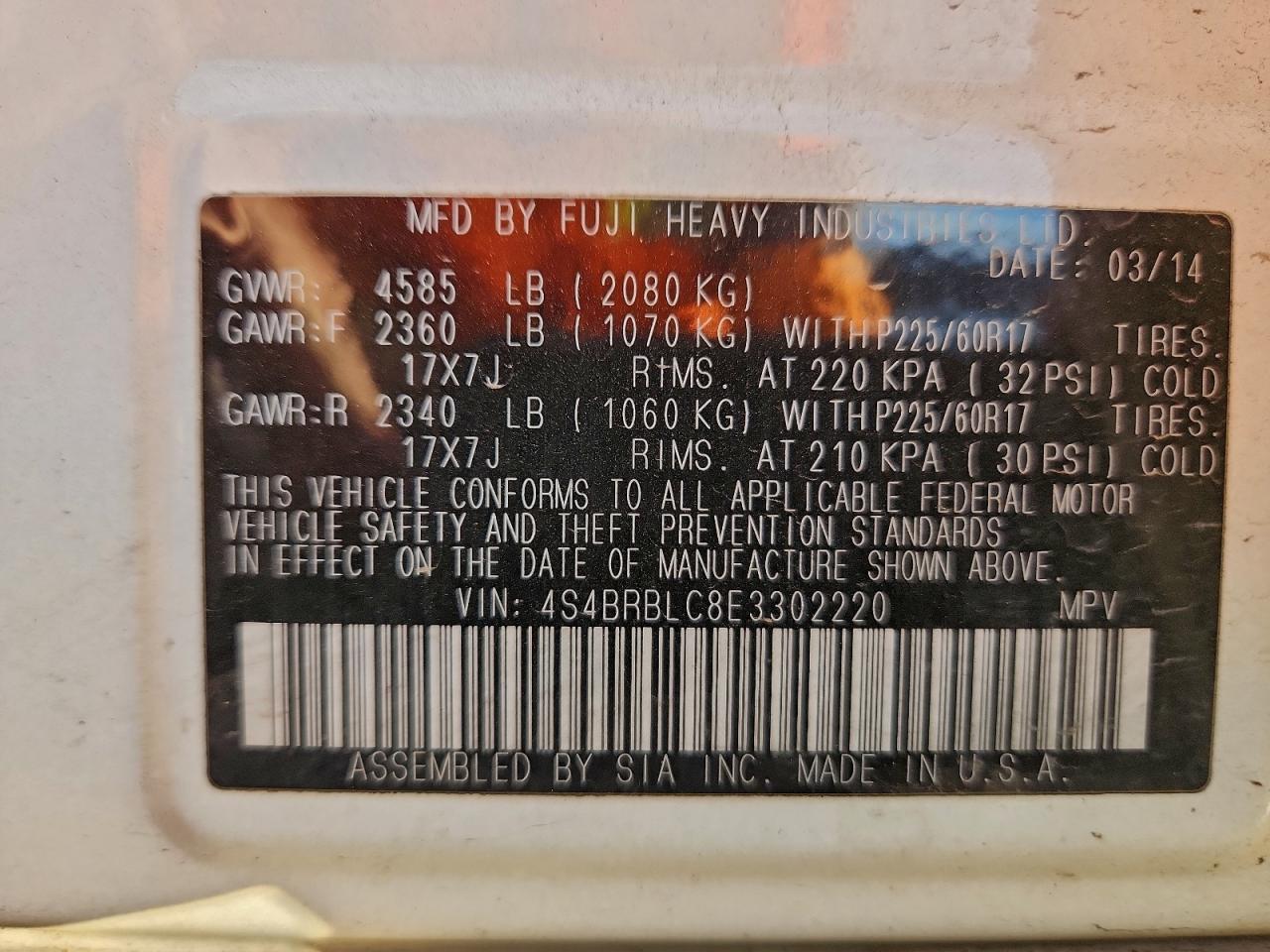 2014 Subaru Outback 2.5I Limited VIN: 4S4BRBLC8E3302220 Lot: 94417405