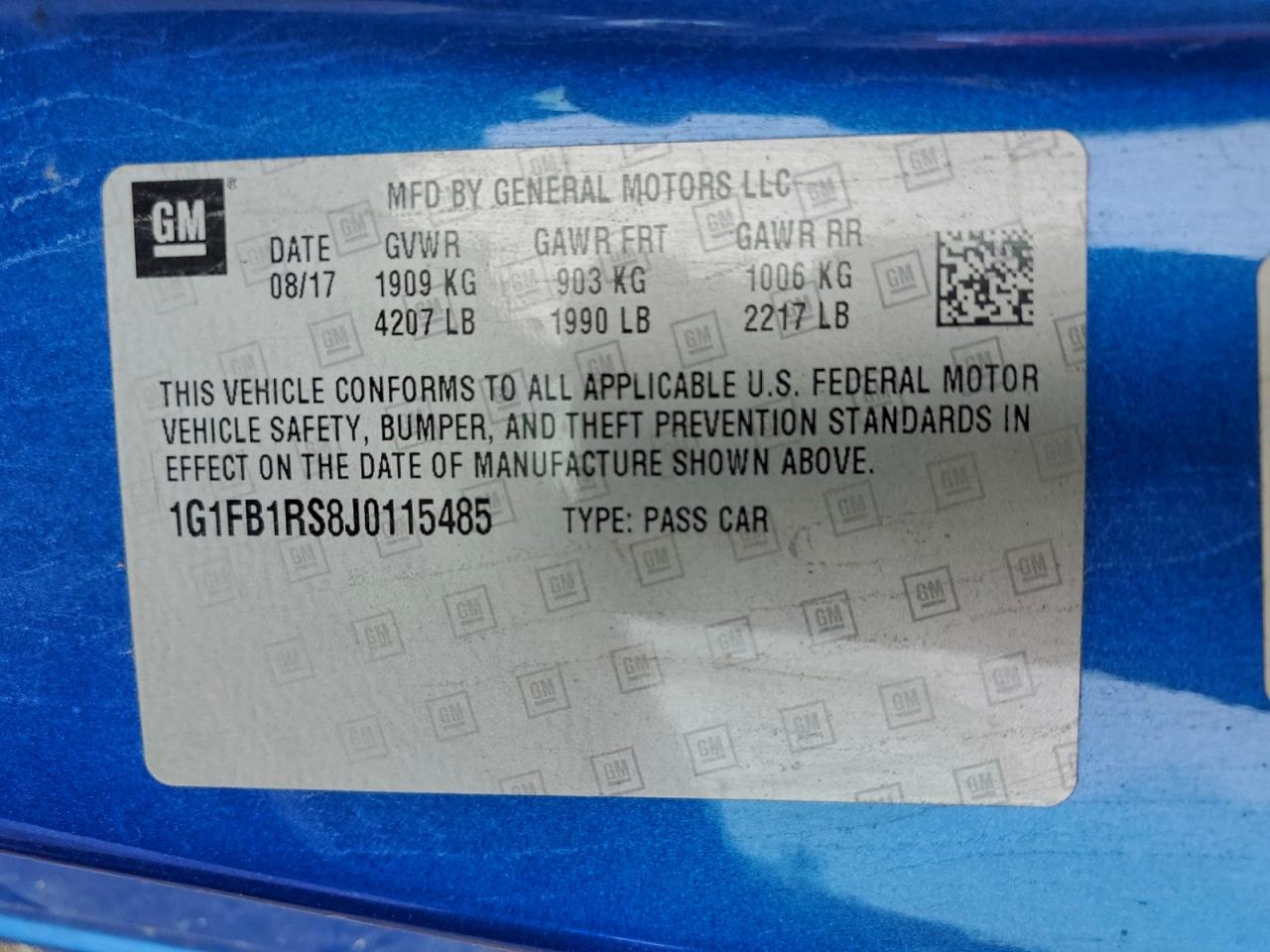 2018 Chevrolet Camaro Lt VIN: 1G1FB1RS8J0115485 Lot: 93767885