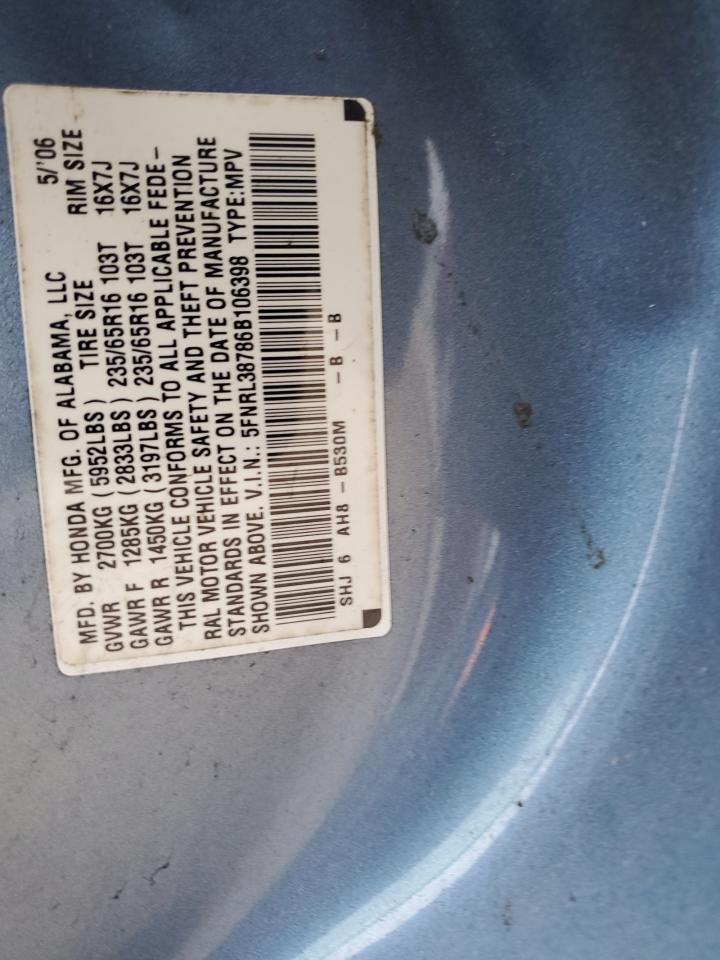 2006 Honda Odyssey Exl VIN: 5FNRL38786B106398 Lot: 93270335