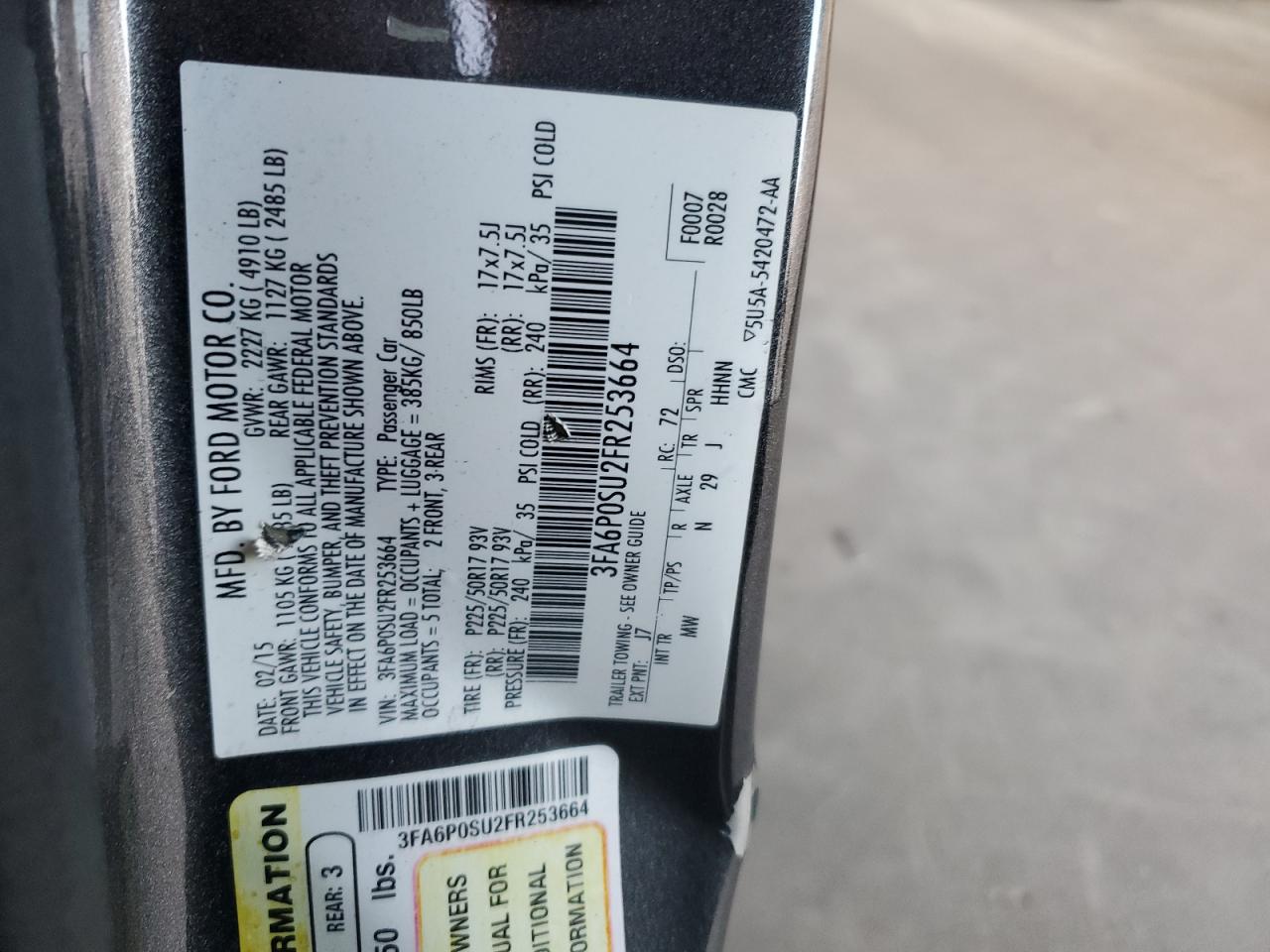 2015 Ford Fusion Titanium Phev VIN: 3FA6P0SU2FR253664 Lot: 91901955