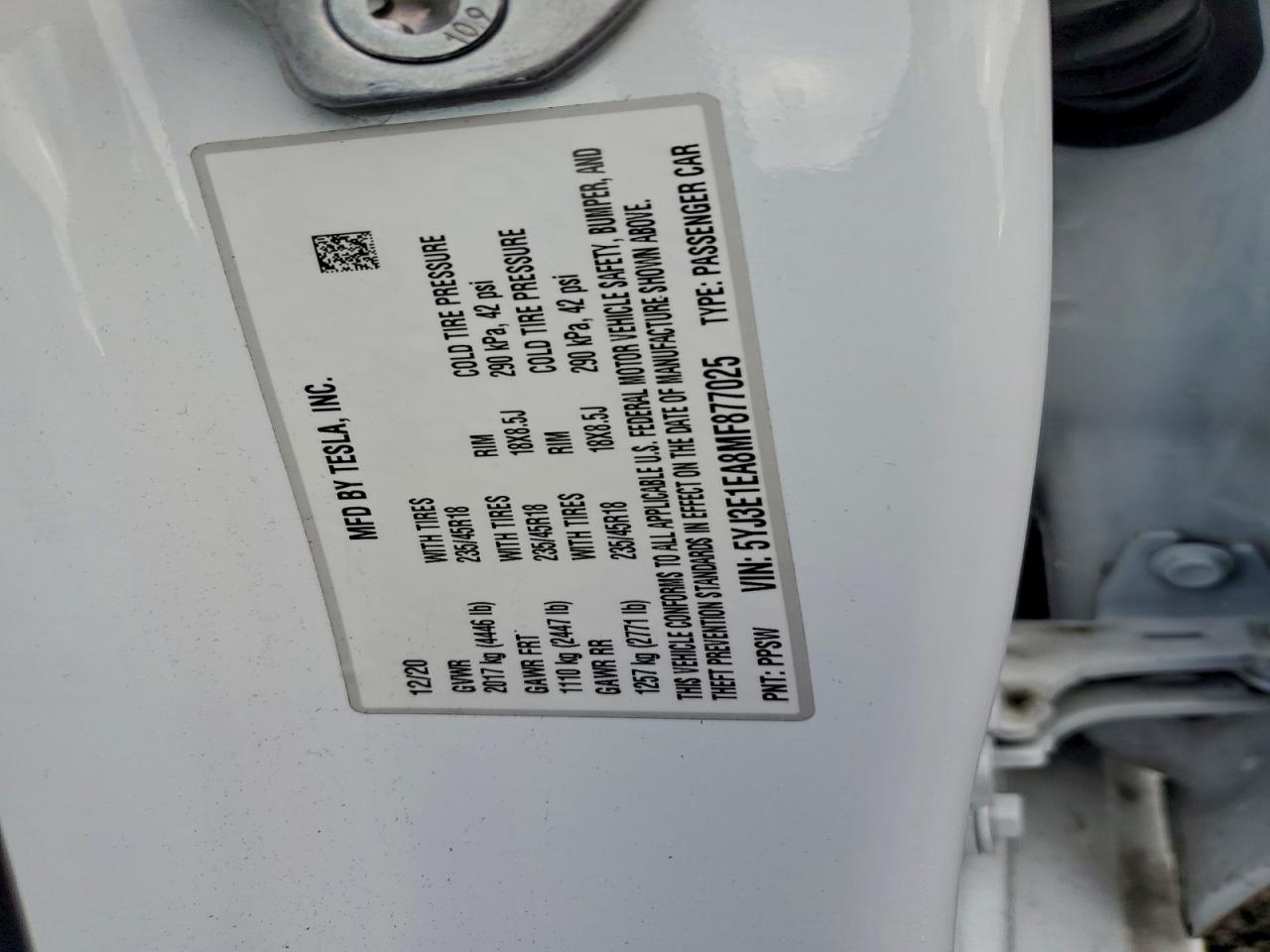 2021 Tesla Model 3 VIN: 5YJ3E1EA8MF877025 Lot: 93459105