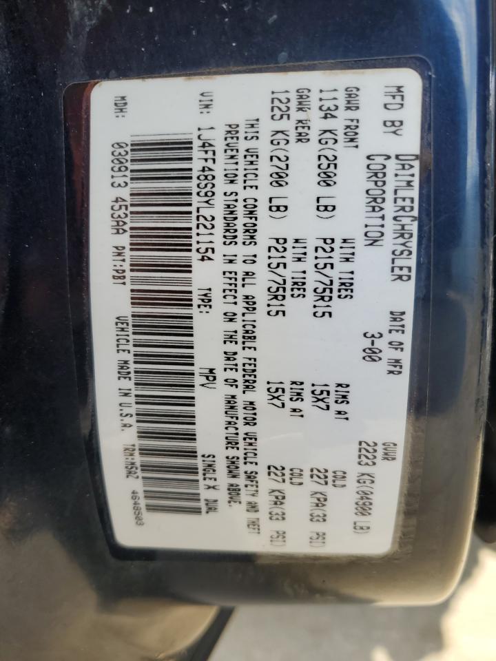 2000 Jeep Cherokee Sport VIN: 1J4FF48S9YL221154 Lot: 92678415