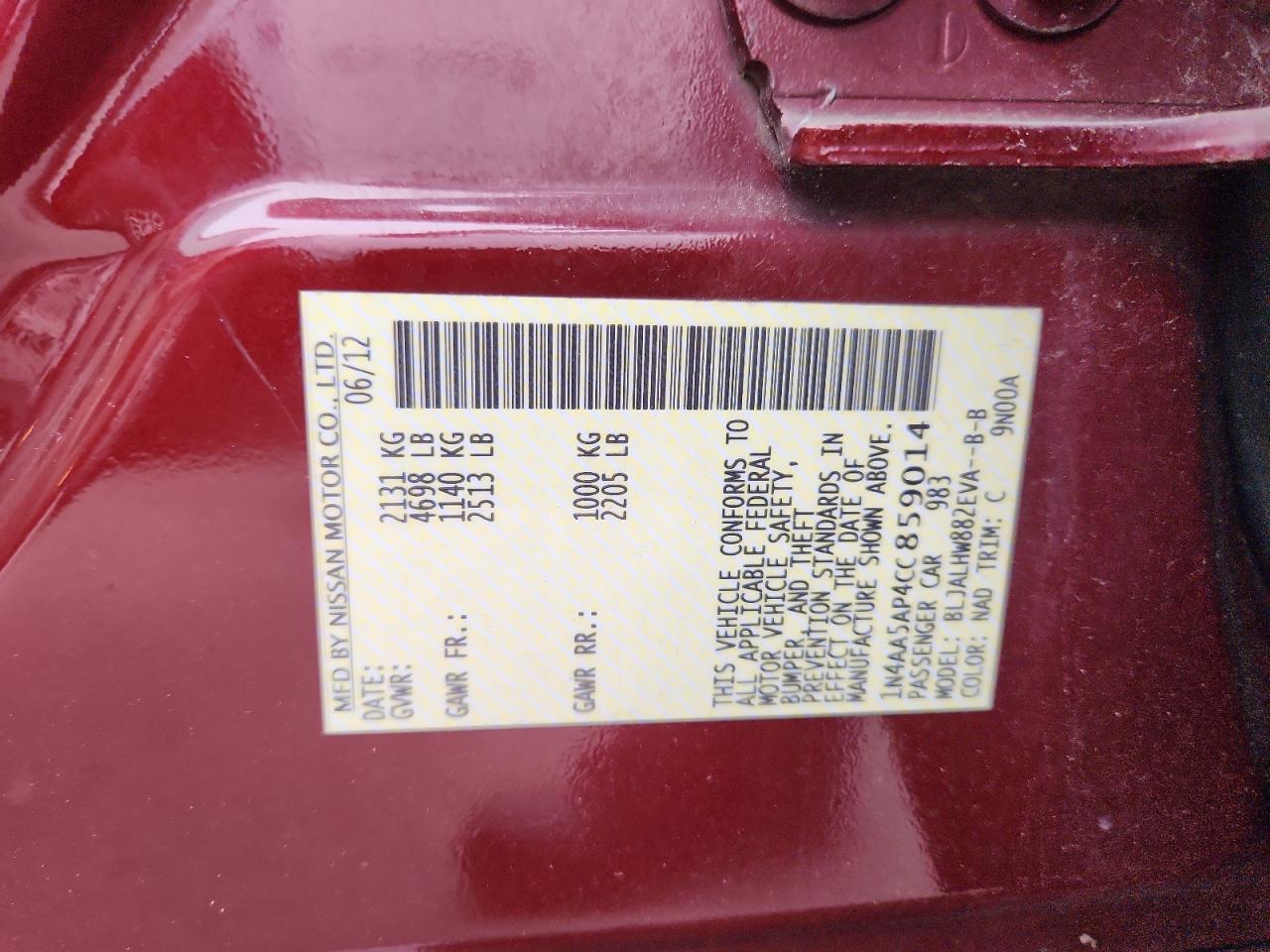 2012 Nissan Maxima S VIN: 1N4AA5AP4CC859014 Lot: 92188325