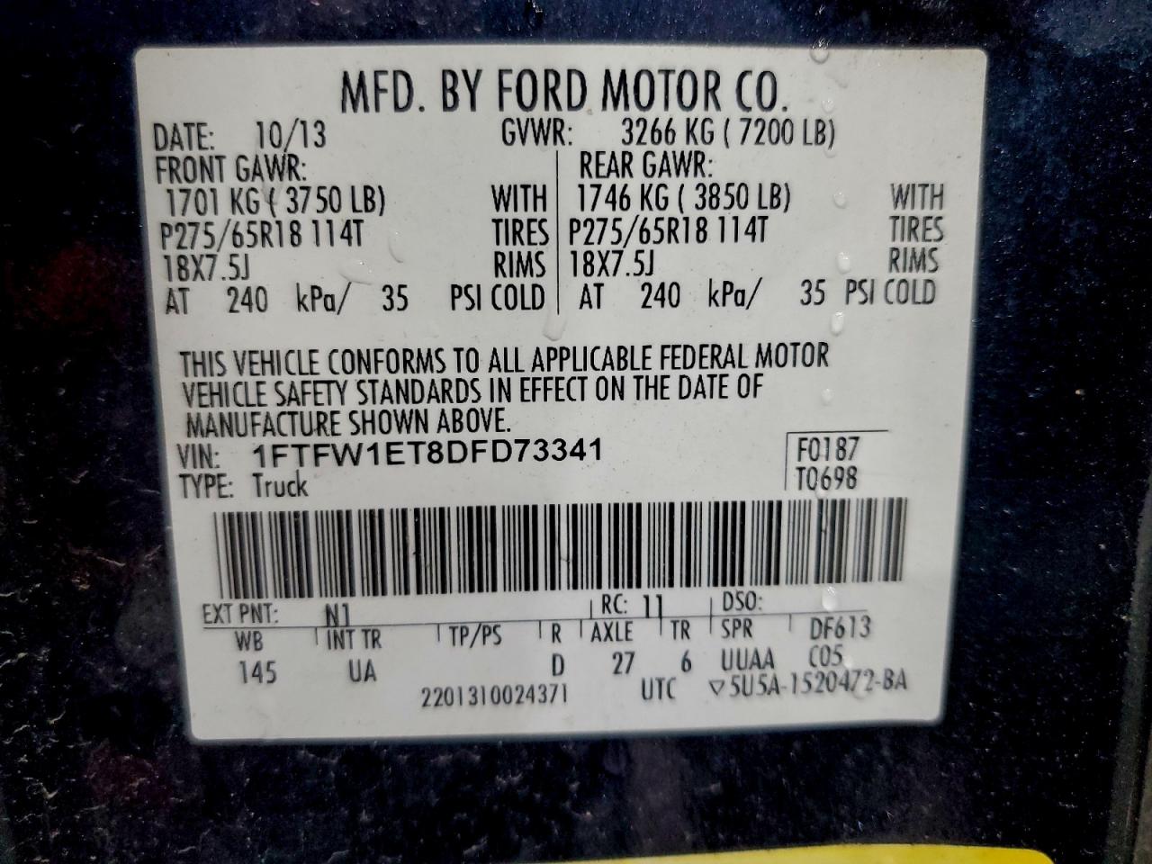 2013 Ford F150 Supercrew VIN: 1FTFW1ET8DFD73341 Lot: 93464245