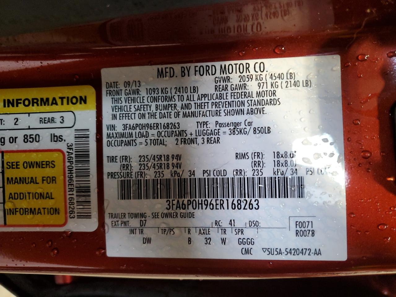 2014 Ford Fusion Se VIN: 3FA6P0H96ER168263 Lot: 93633665