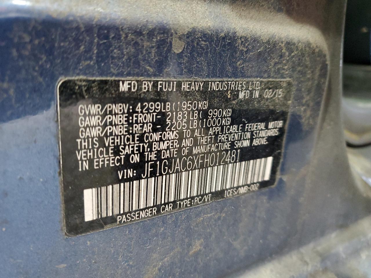 2015 Subaru Impreza Premium VIN: JF1GJAC6XFH012481 Lot: 92353345