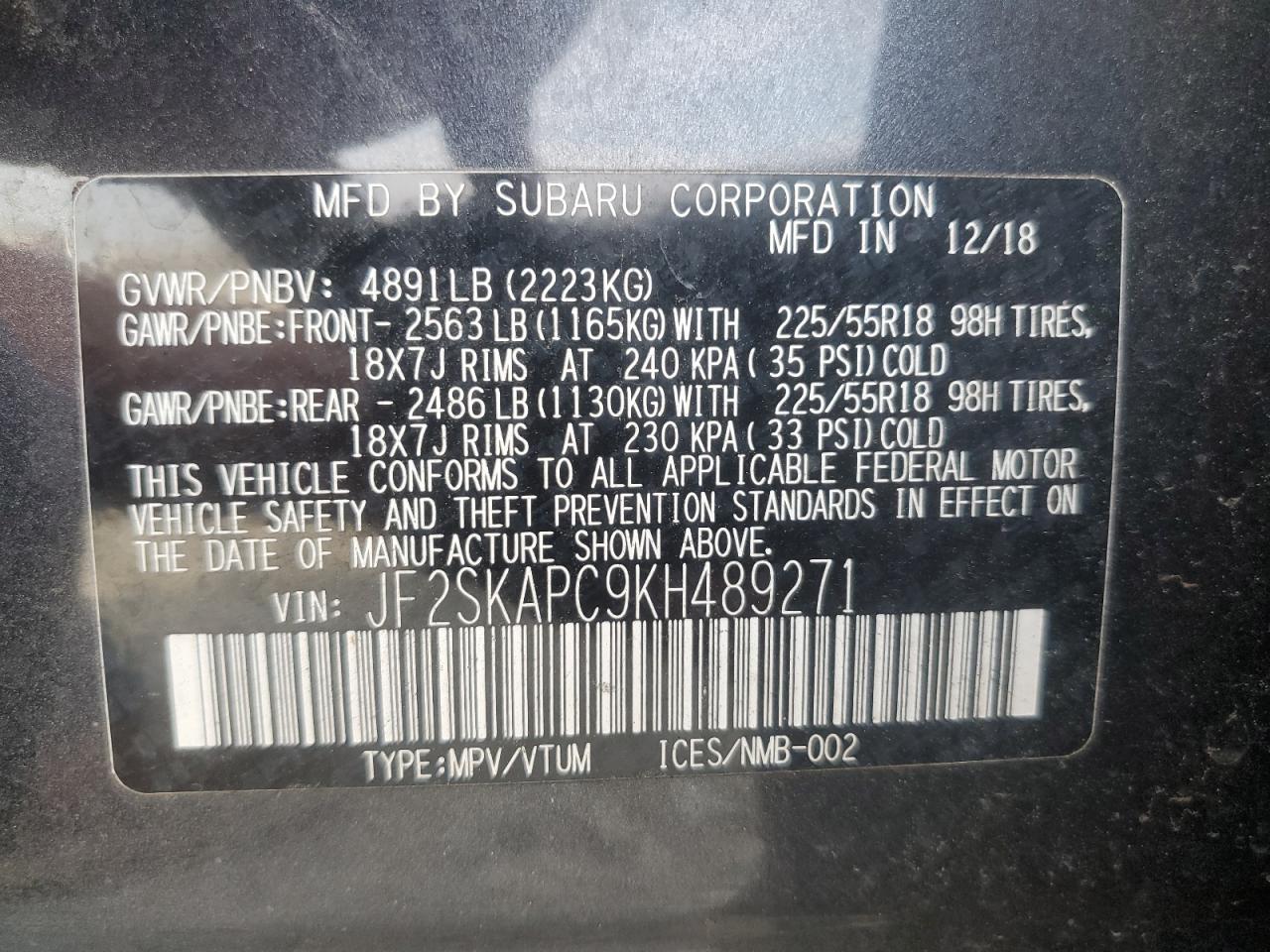 2019 Subaru Forester Sport VIN: JF2SKAPC9KH489271 Lot: 92993255