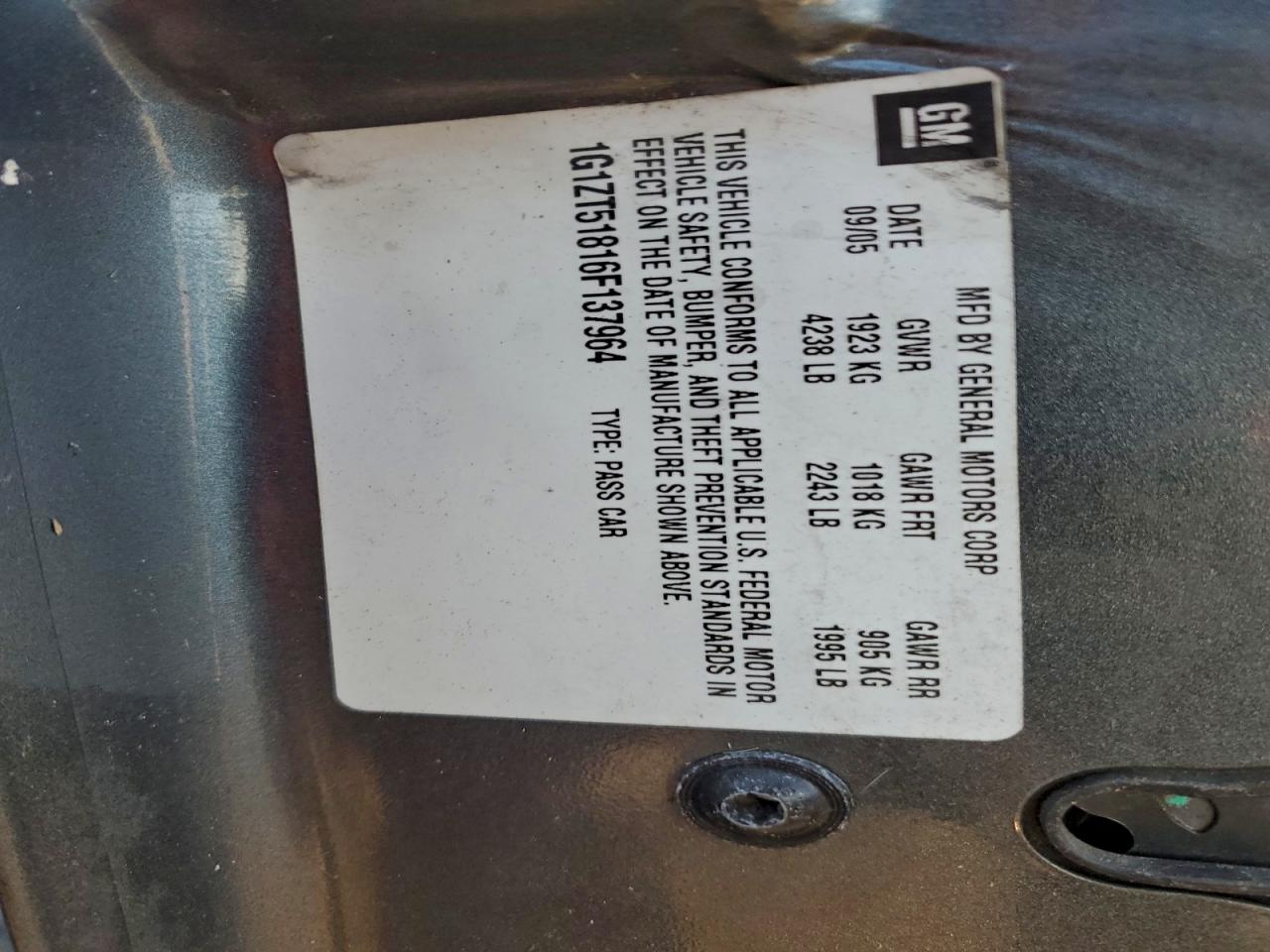 2006 Chevrolet Malibu Lt VIN: 1G1ZT51816F137964 Lot: 90688905