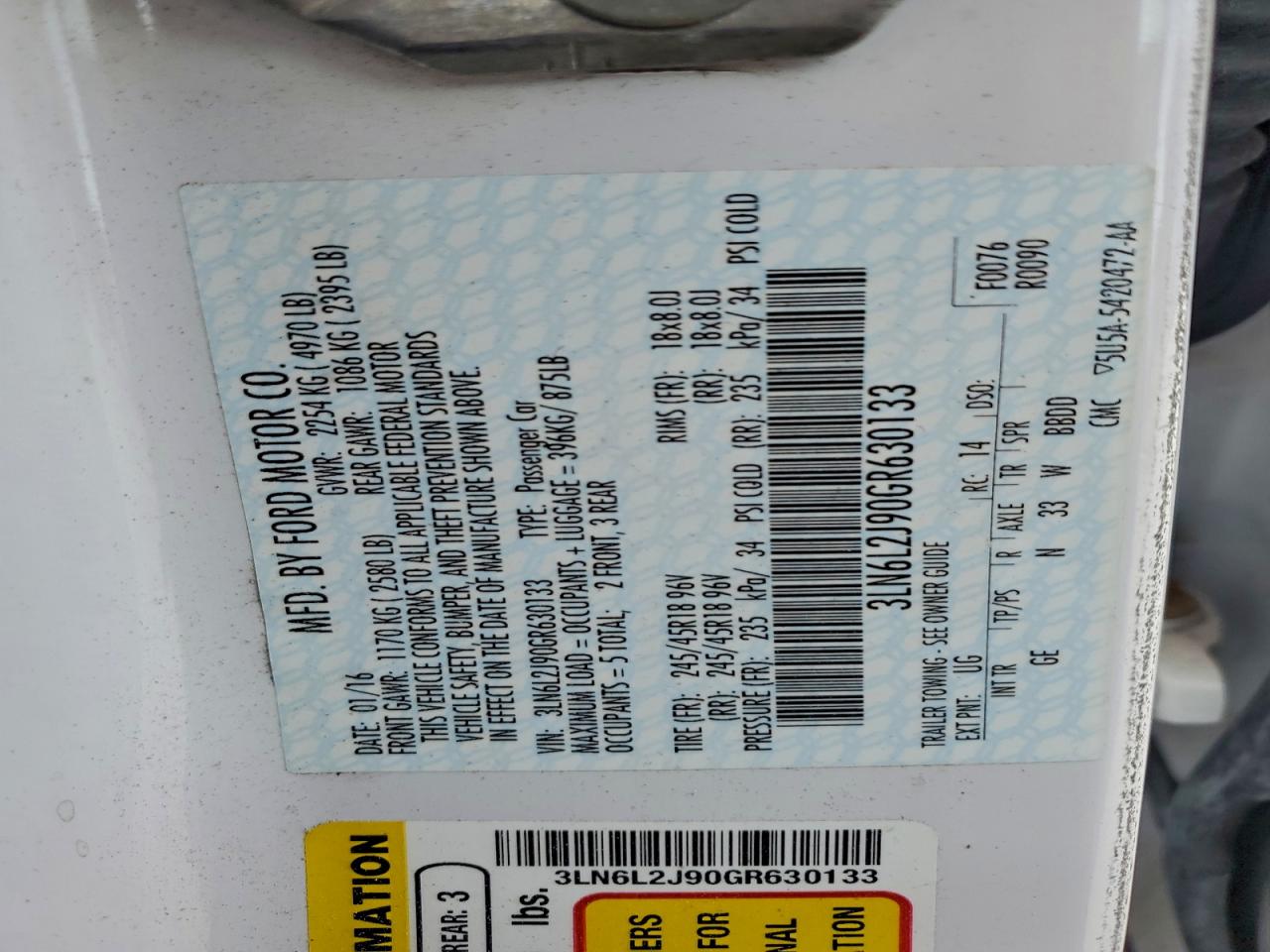 2016 Lincoln Mkz VIN: 3LN6L2J90GR630133 Lot: 94142215