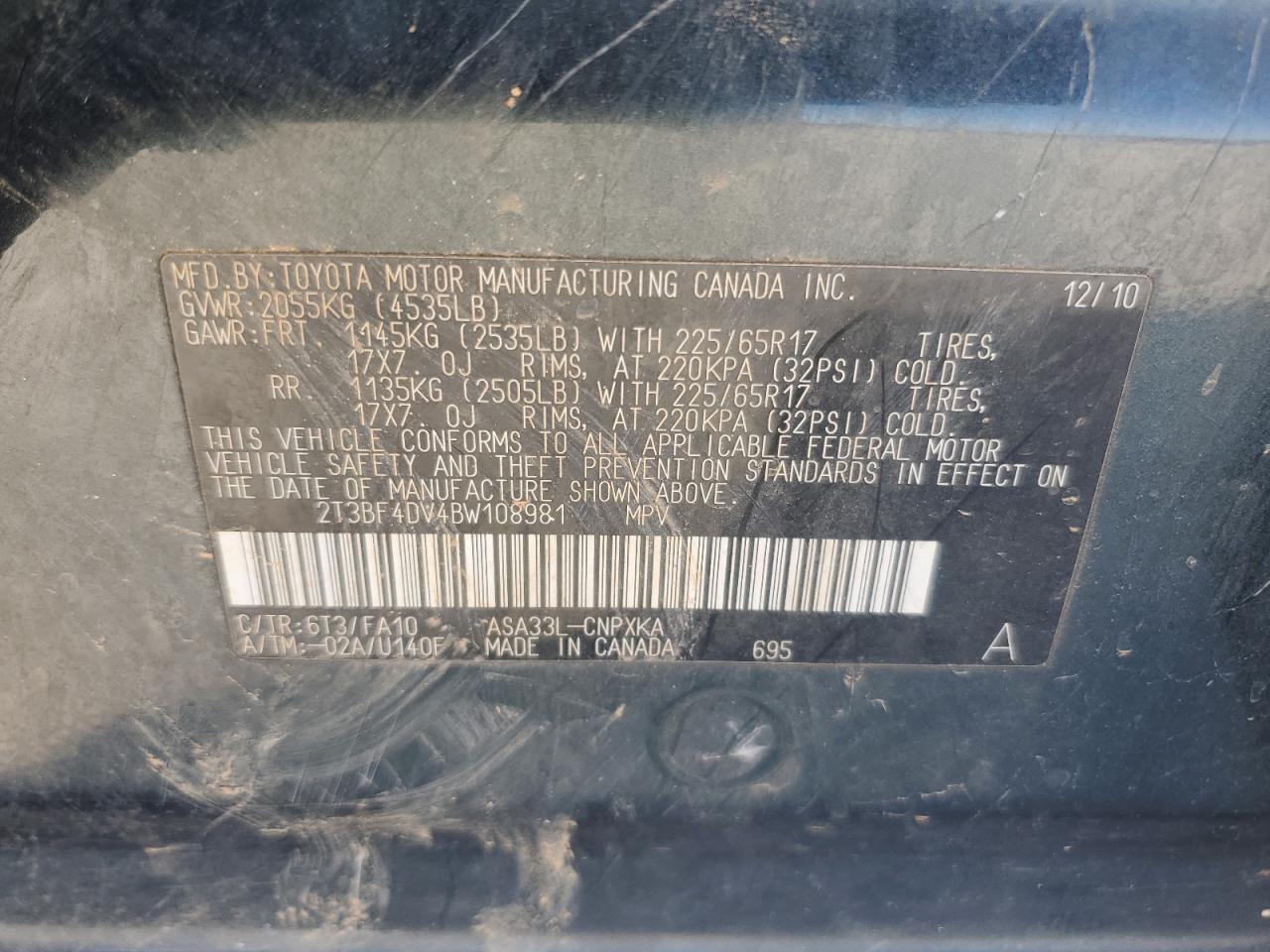 2011 Toyota Rav4 VIN: 2T3BF4DV4BW108981 Lot: 91250865