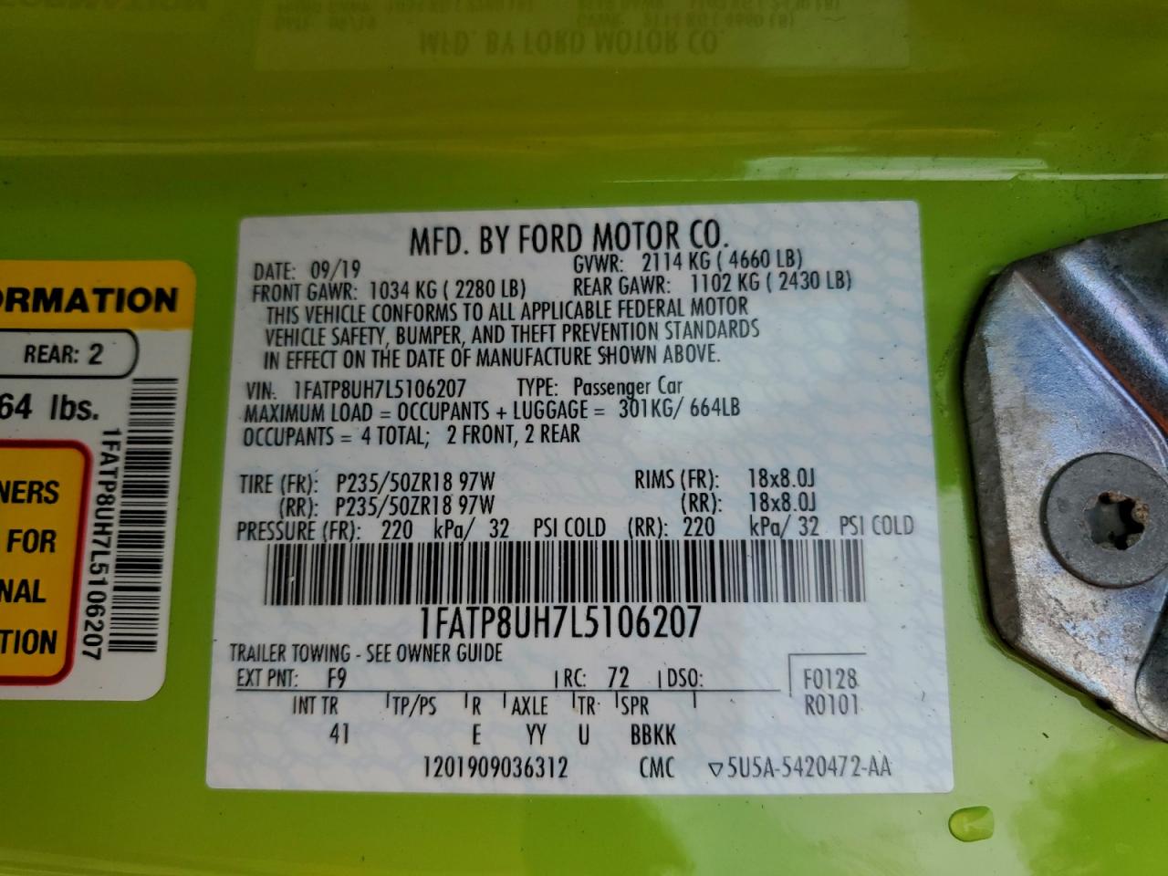 2020 Ford Mustang VIN: 1FATP8UH7L5106207 Lot: 94315165