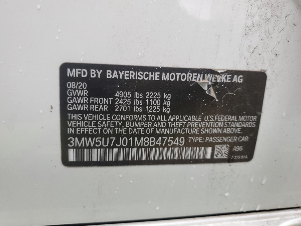 2021 BMW M340I VIN: 3MW5U7J01M8B47549 Lot: 93331955