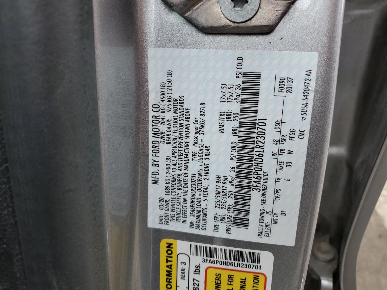 2020 Ford Fusion Se VIN: 3FA6P0HD6LR230701 Lot: 93401785