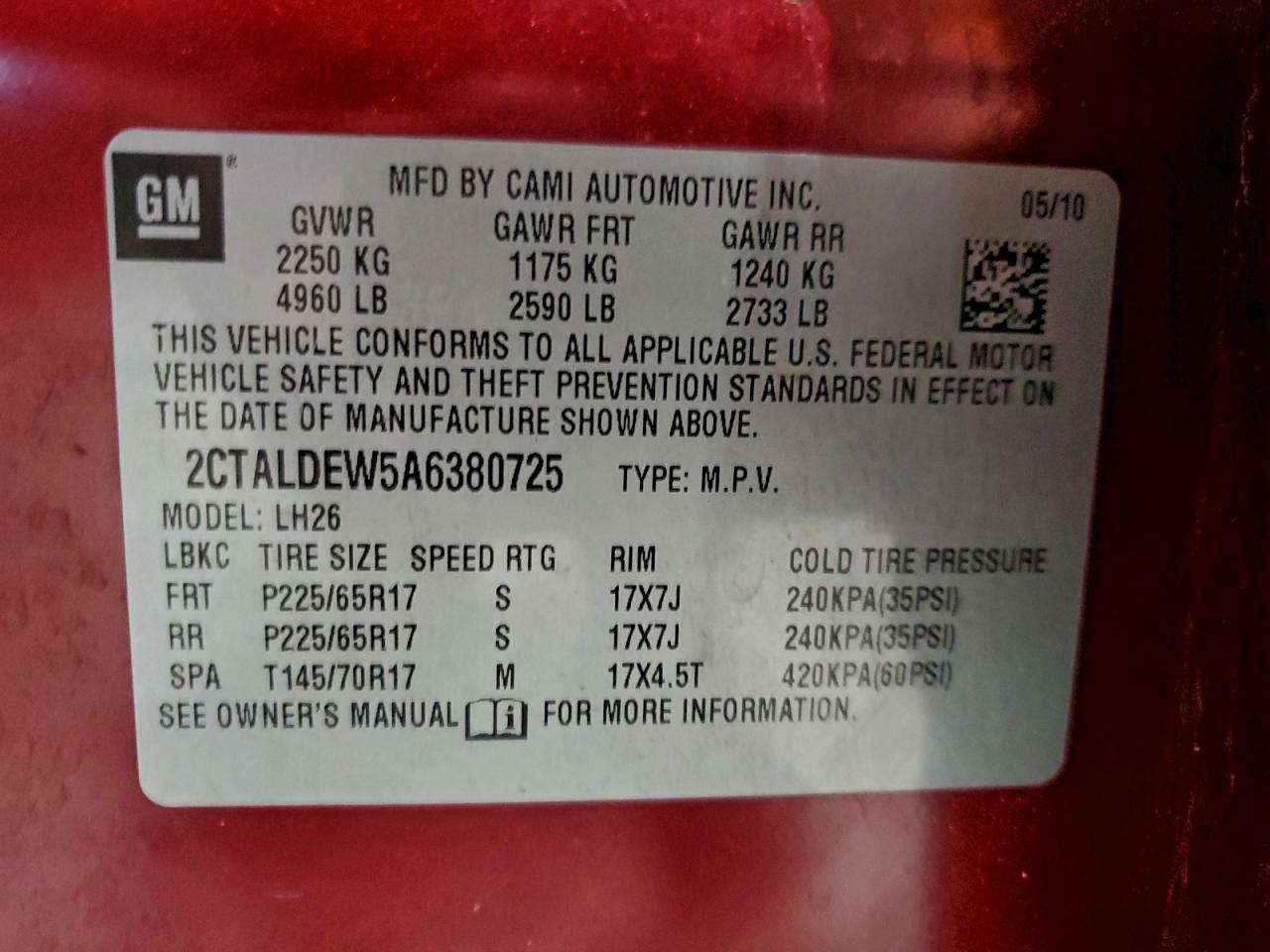 2010 GMC Terrain Sle VIN: 2CTALDEW5A6380725 Lot: 93484435