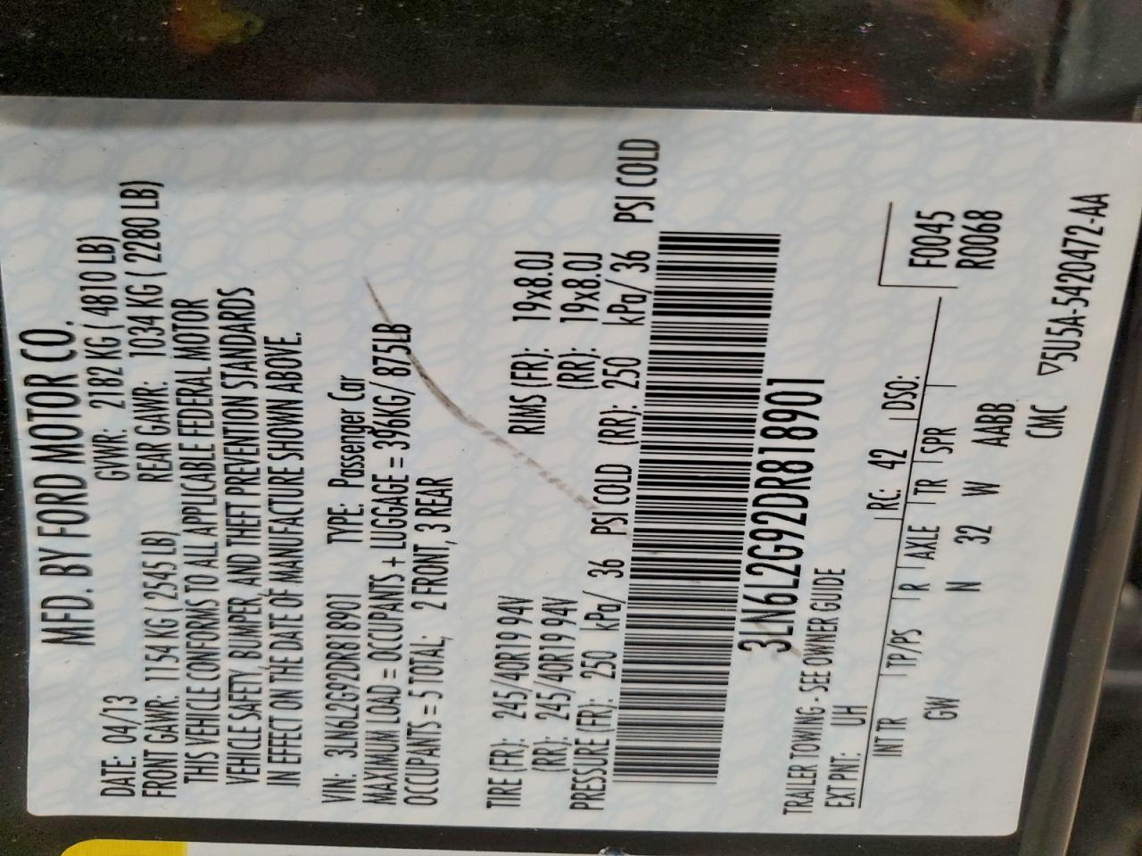 2013 Lincoln Mkz VIN: 3LN6L2G92DR818901 Lot: 93675125