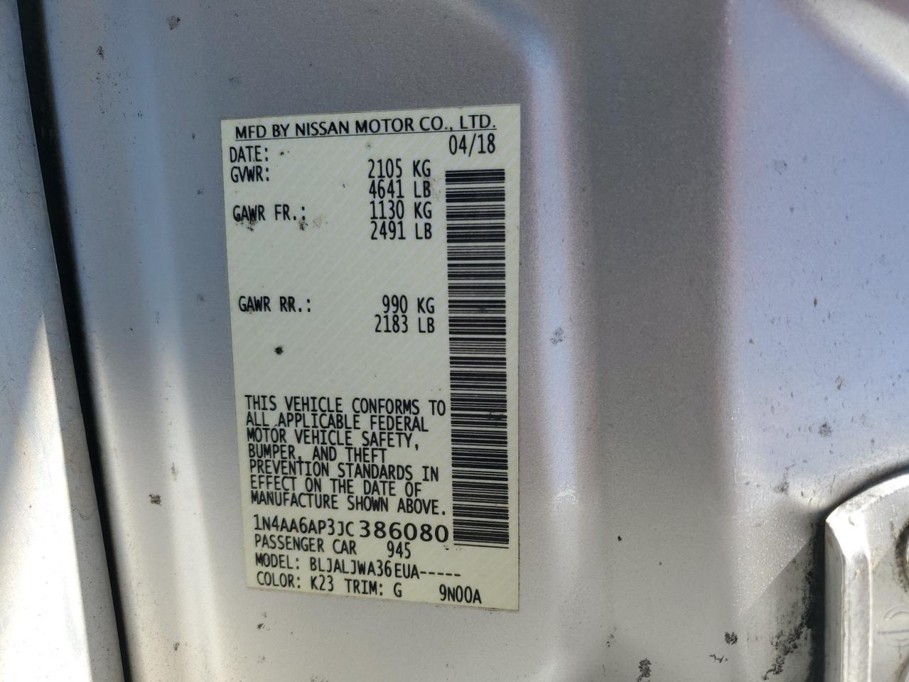 2018 Nissan Maxima 3.5S VIN: 1N4AA6AP3JC386080 Lot: 91964085