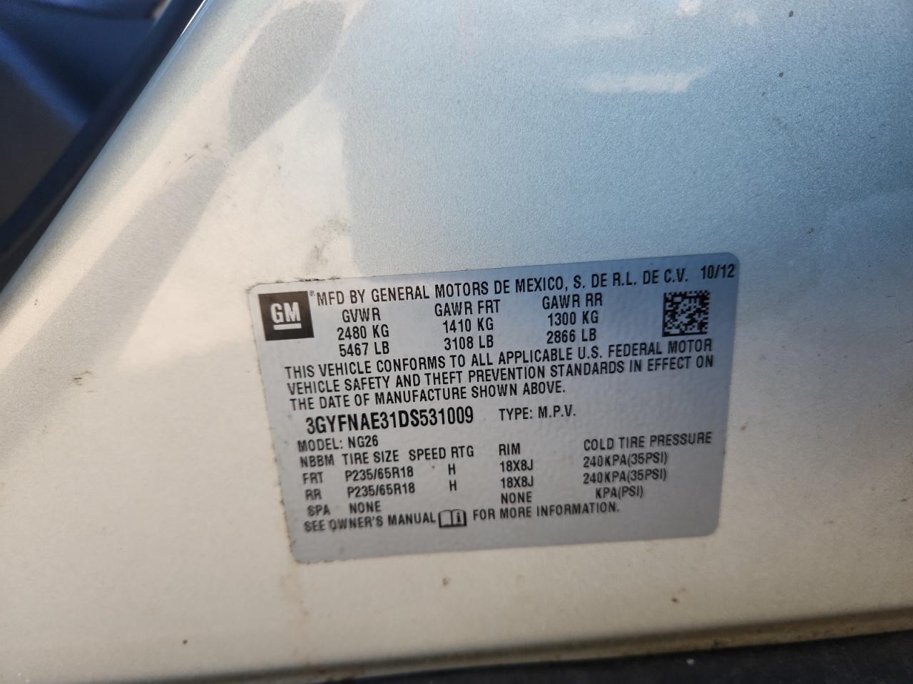 2013 Cadillac Srx VIN: 3GYFNAE31DS531009 Lot: 87405225