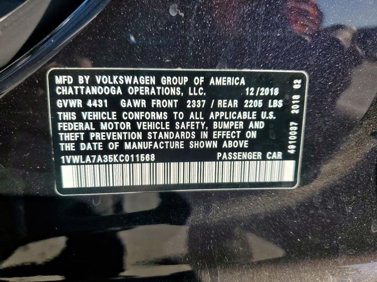 2019 Volkswagen Passat Wolfsburg VIN: 1VWLA7A35KC011568 Lot: 91943955