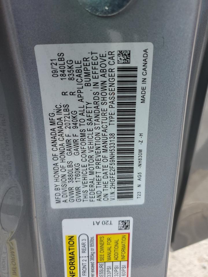 2022 Honda Civic Sport VIN: 2HGFE2F59NH533138 Lot: 92901835