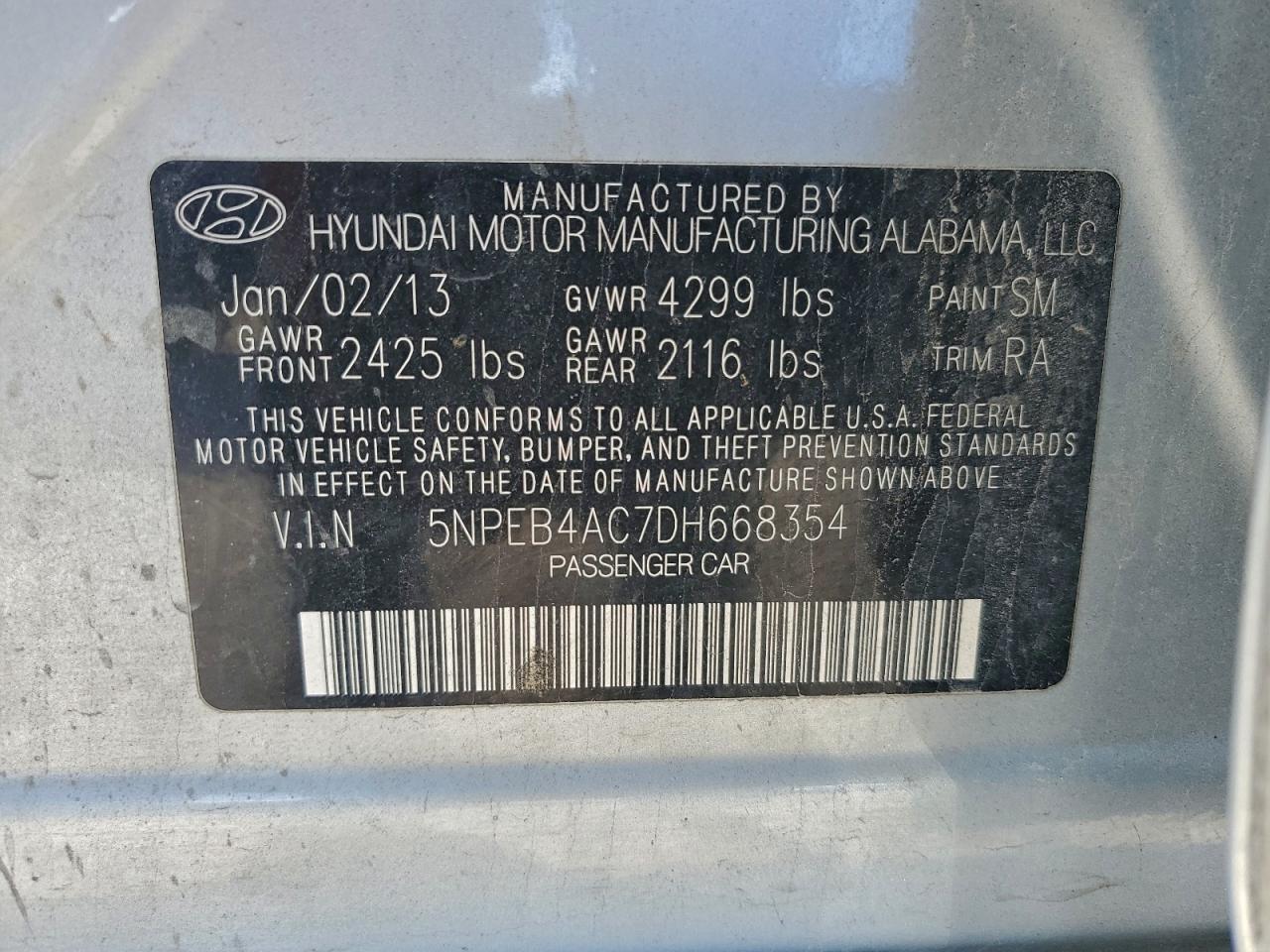 2013 Hyundai Sonata Gls VIN: 5NPEB4AC7DH668354 Lot: 93424345