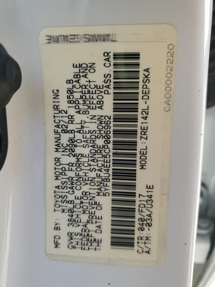 2012 Toyota Corolla Base VIN: 5YFBU4EE5CP006962 Lot: 93417035