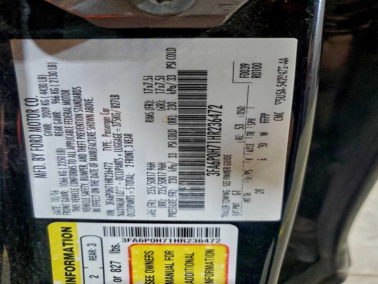 2017 Ford Fusion Se VIN: 3FA6P0H71HR236472 Lot: 94541475