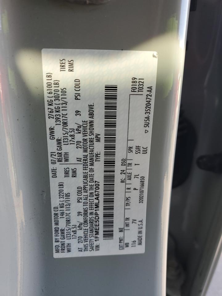 2021 Ford Bronco Base VIN: 1FMEE5DP1MLA67007 Lot: 91786135