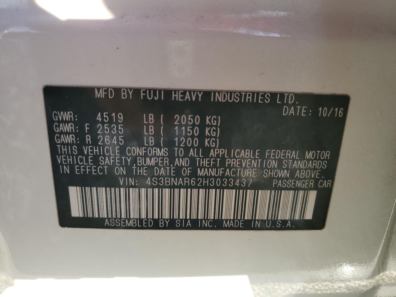 2017 Subaru Legacy Sport VIN: 4S3BNAR62H3033437 Lot: 93337415