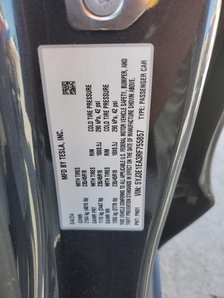 2024 Tesla Model 3 VIN: 5YJ3E1EA3RF755857 Lot: 93514245